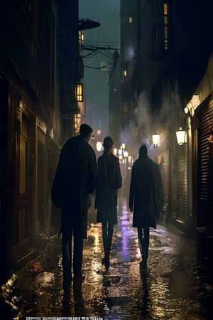 悬疑犯罪电影《暗夜追凶》剧照，侦探在雨夜街头追查线索，氛围紧张，屁屁影院高清在线观看